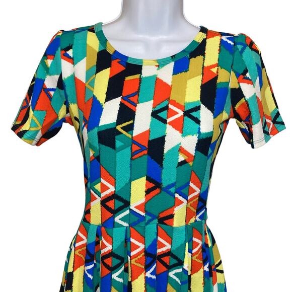 NEW LuLalRoe Amelia Dress Colorful Fit Flare Geometric Pattern Pleat Stretch XXS - Picture 6 of 16